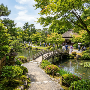 Sunny Japanese garden with people in background