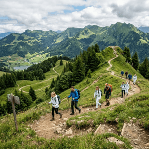 Group of hikers walking on a dirt trail through green mountains with pine trees and distant village