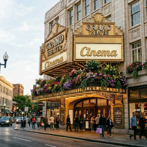 Grand Theater marquee displaying movie titles and showtimes at night with people walking outside