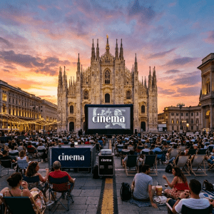 Crowd watching La Dolce Vita movie outdoors with Milan Cathedral backdrop at sunset